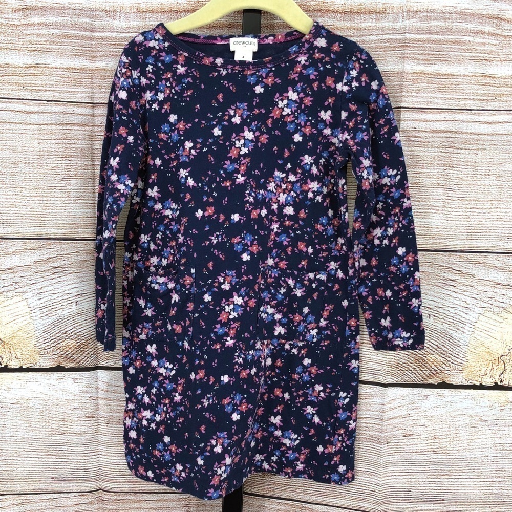 Crewcuts Navy Blue and Purple Floral Patch Pocket Long Sleeve Shirt Dress Size 4